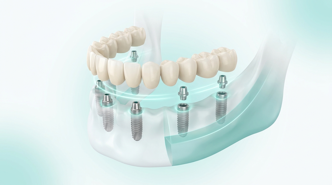 3D illustration of a full-arch fixed bridge supported by six dental implants