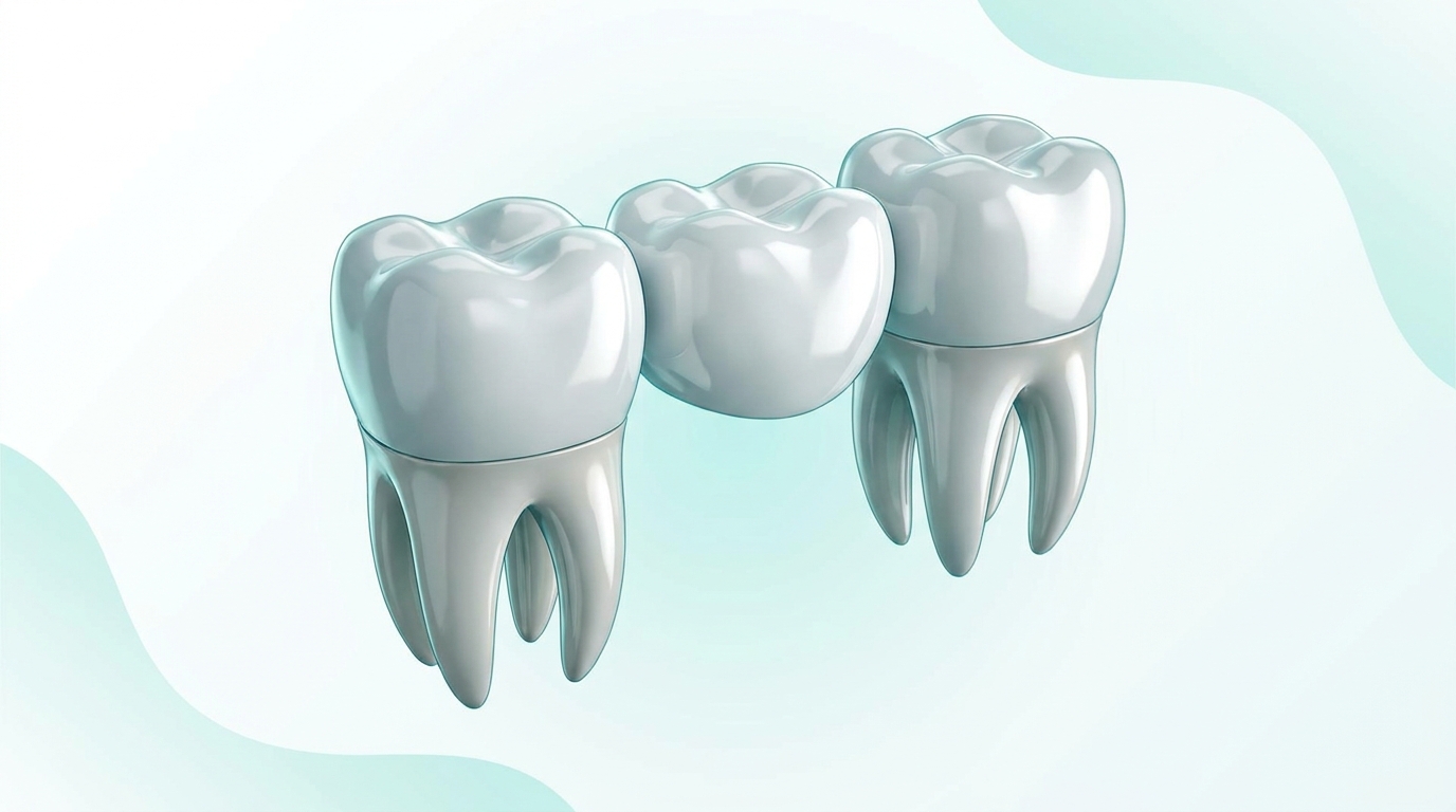 3D illustration of a three-unit dental bridge with two crowned anchor teeth and a pontic