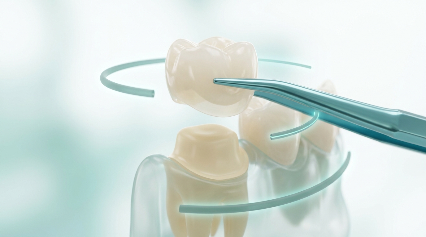 3D illustration of a zirconia porcelain dental crown placed over a prepared tooth