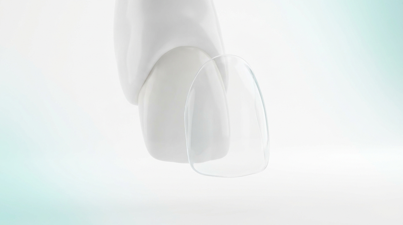 3D illustration of an ultra-thin no-prep porcelain veneer placed over a front tooth