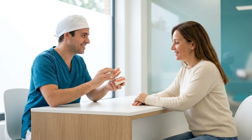 Dentist explaining sinus lift and bone grafting to a patient in a dental clinic in Turkey