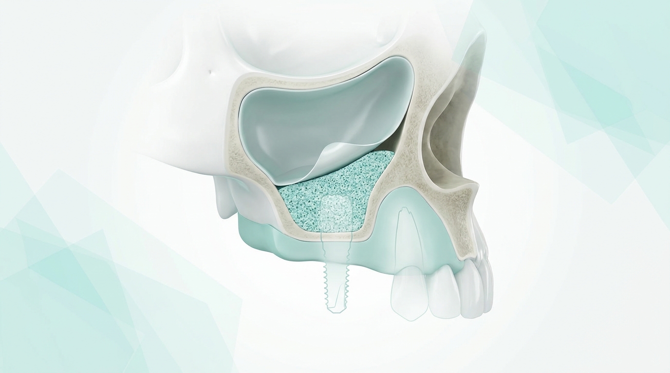 3D illustration of a sinus lift with bone graft added to the upper jaw before a dental implant