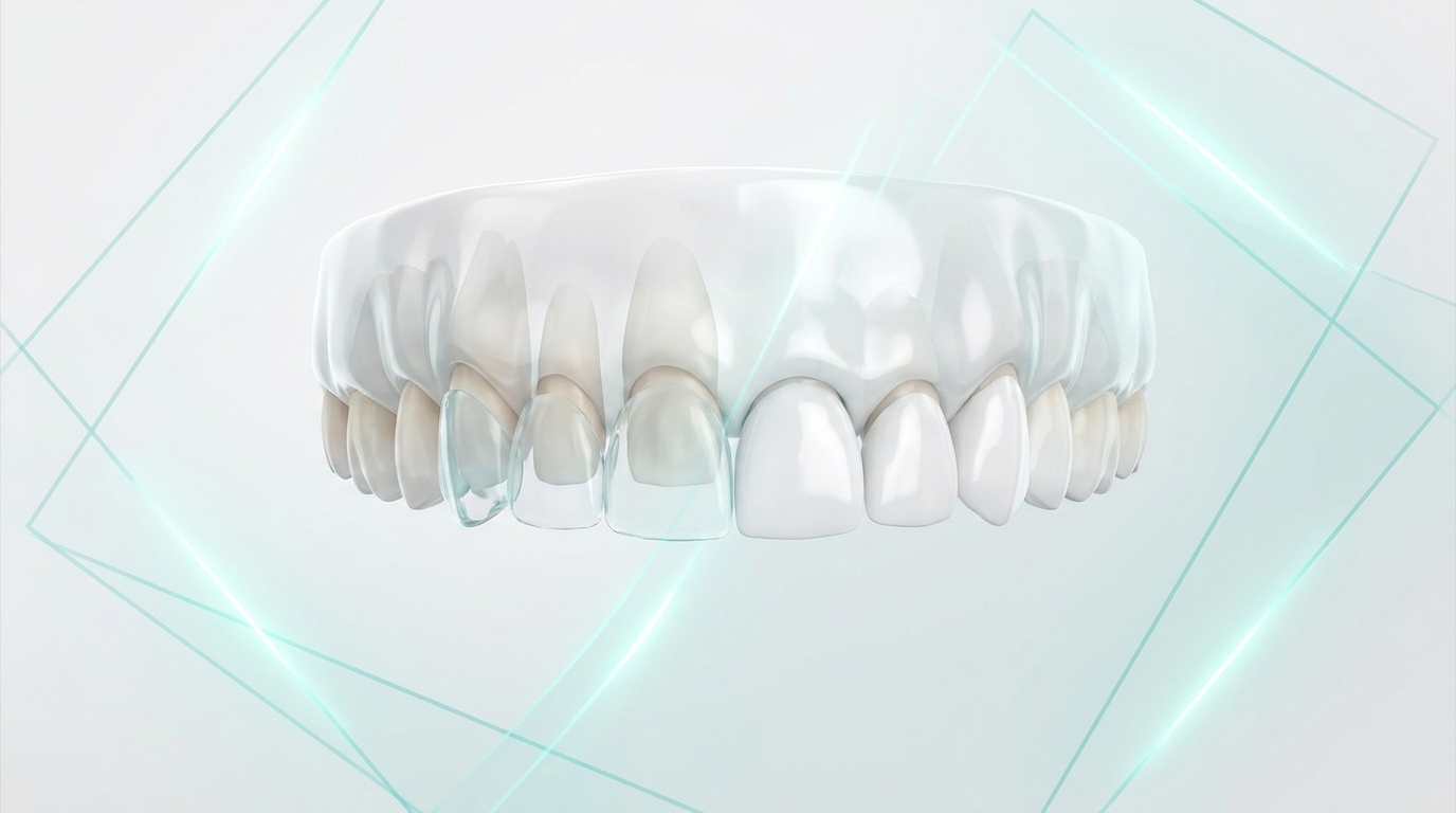 3D illustration of an upper dental arch with porcelain veneers for a smile makeover