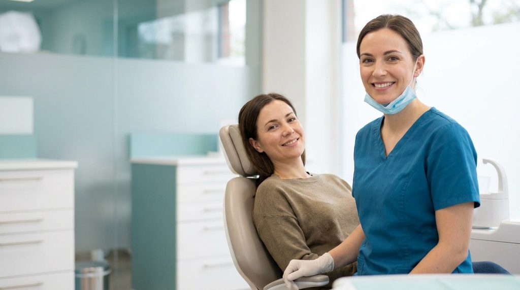 Reassured patient with a dentist in a modern dental clinic in Turkey before tooth extraction