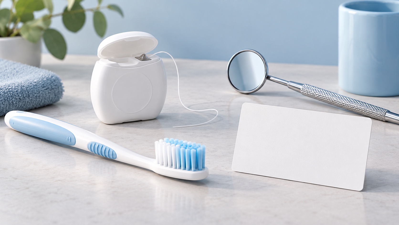 Illustration of a toothbrush, dental floss and a blank appointment card