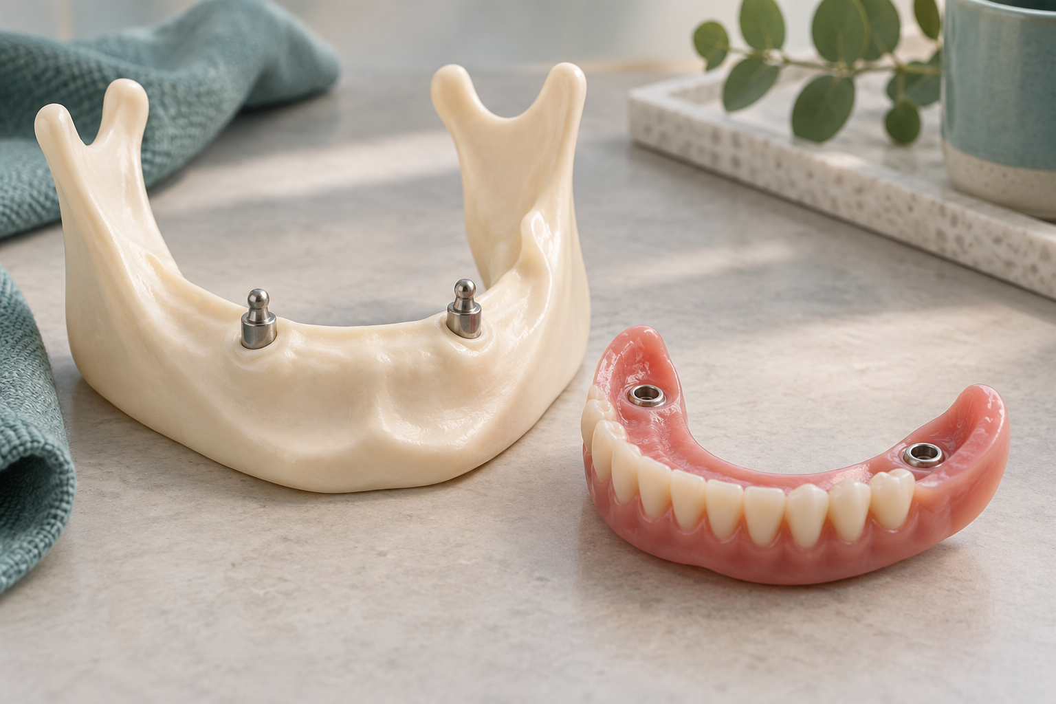 Temsili görsel: implant tutucuları bulunan çene modeli ve yanındaki çıkarılabilir protez.