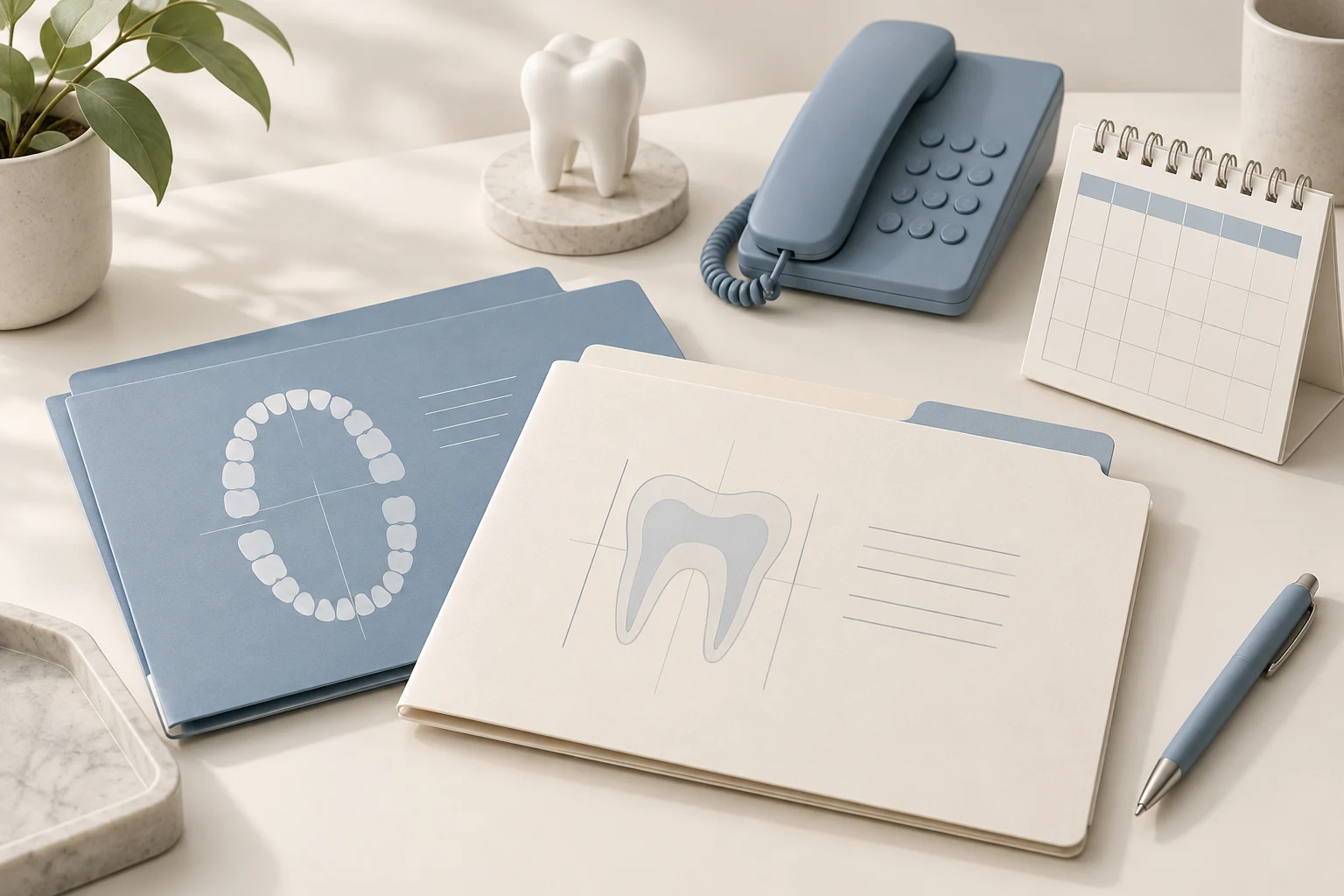 Illustrative dental records, telephone and blank calendar for aftercare planning