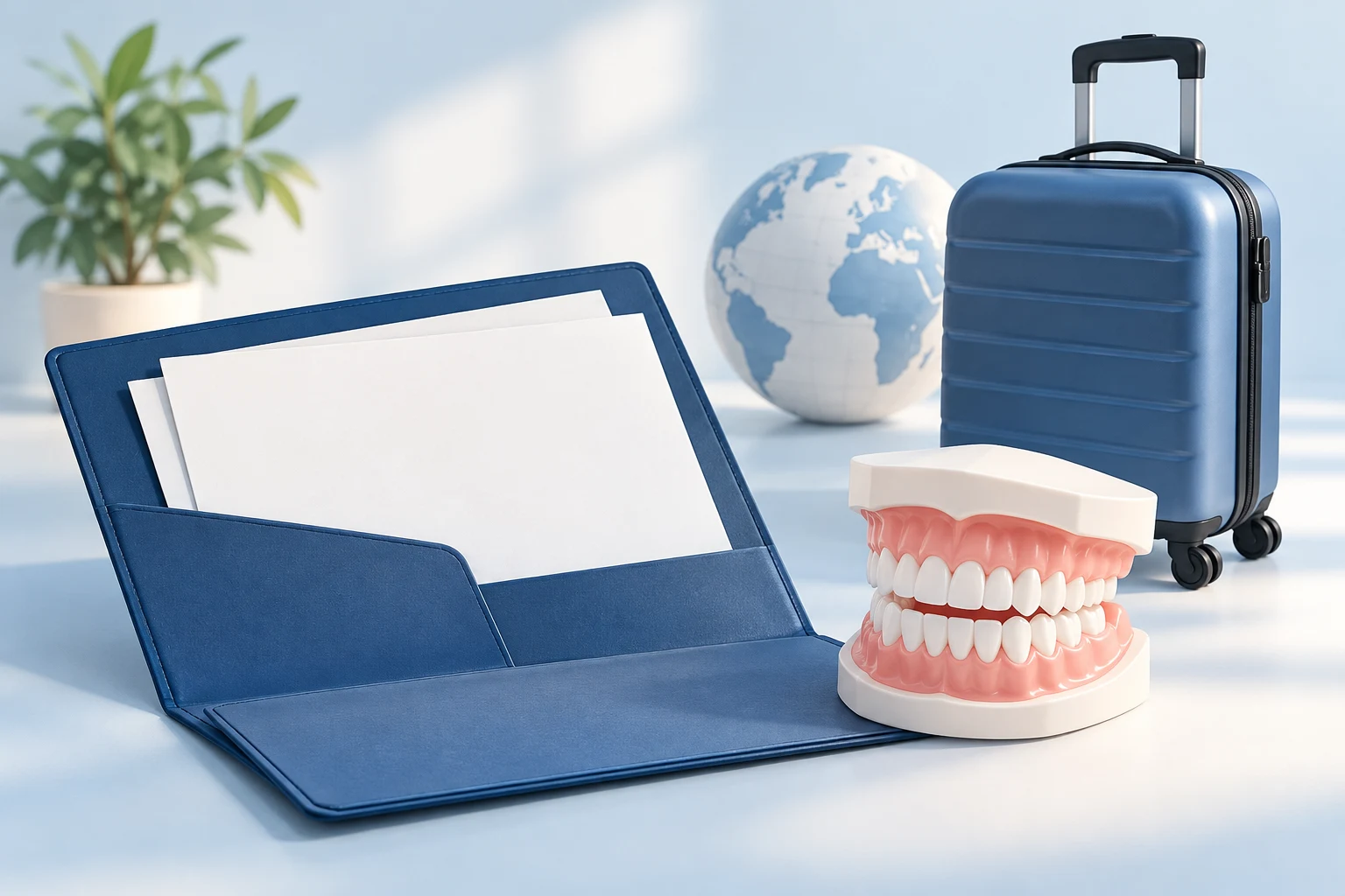 Illustrative travel folder, suitcase and artificial dental model