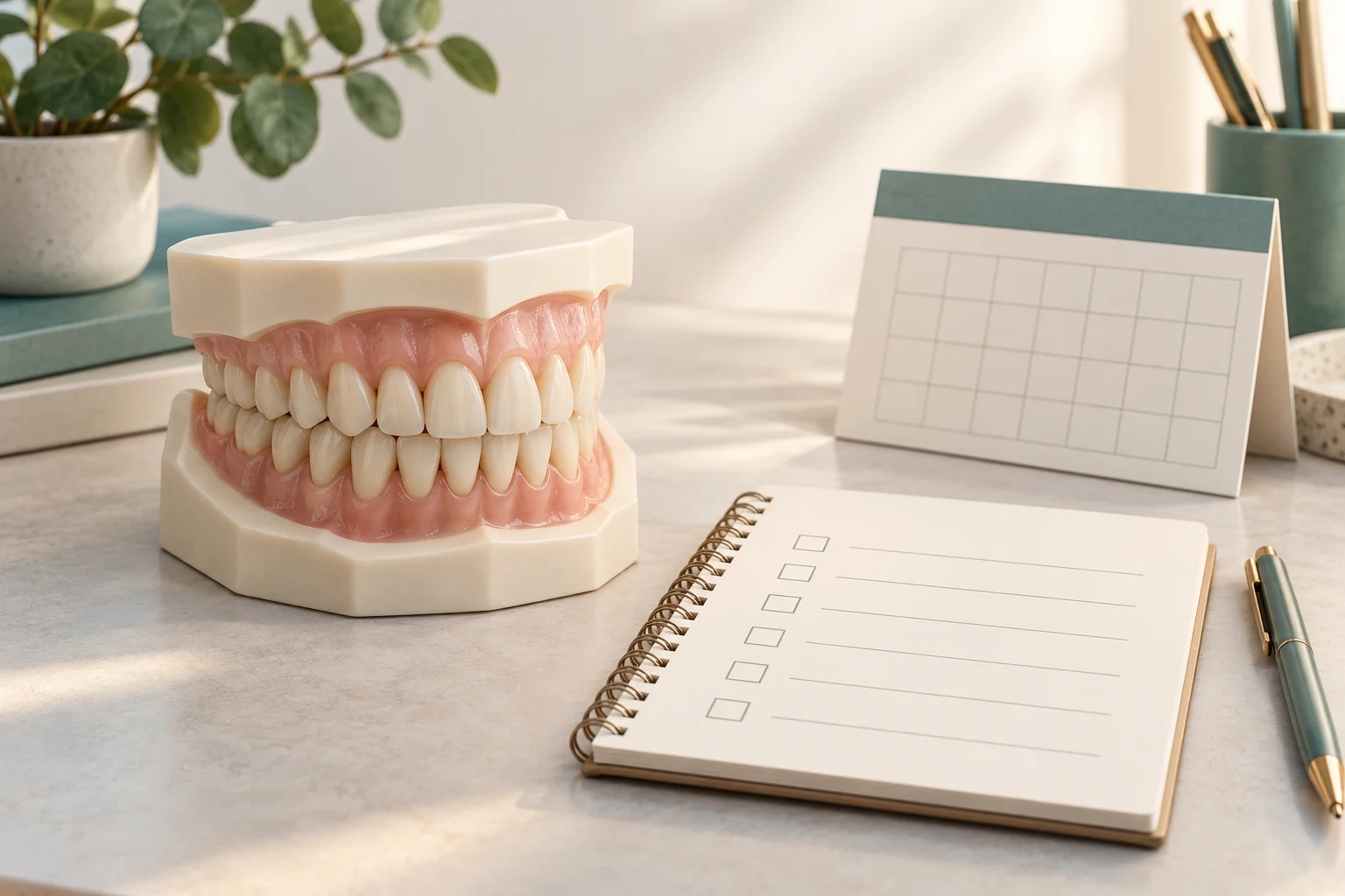 Illustrative dental model, blank planning notebook and calendar for full-arch treatment discussions