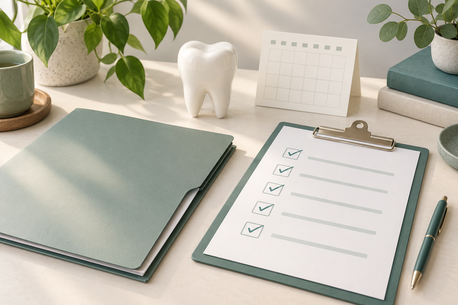 Illustrative planning folder, calendar and checklist for discussing dental treatment abroad