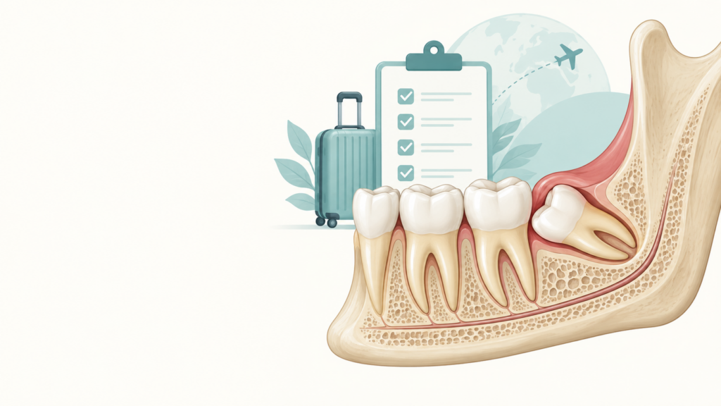 Educational illustration of a lower jaw with a partly impacted wisdom tooth, alongside travel-planning symbols.