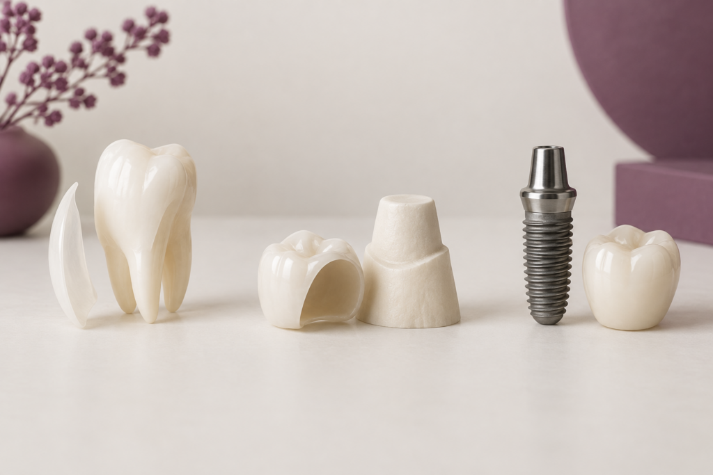 Separate illustrative veneer facing, ceramic crown cap and implant models on a neutral surface