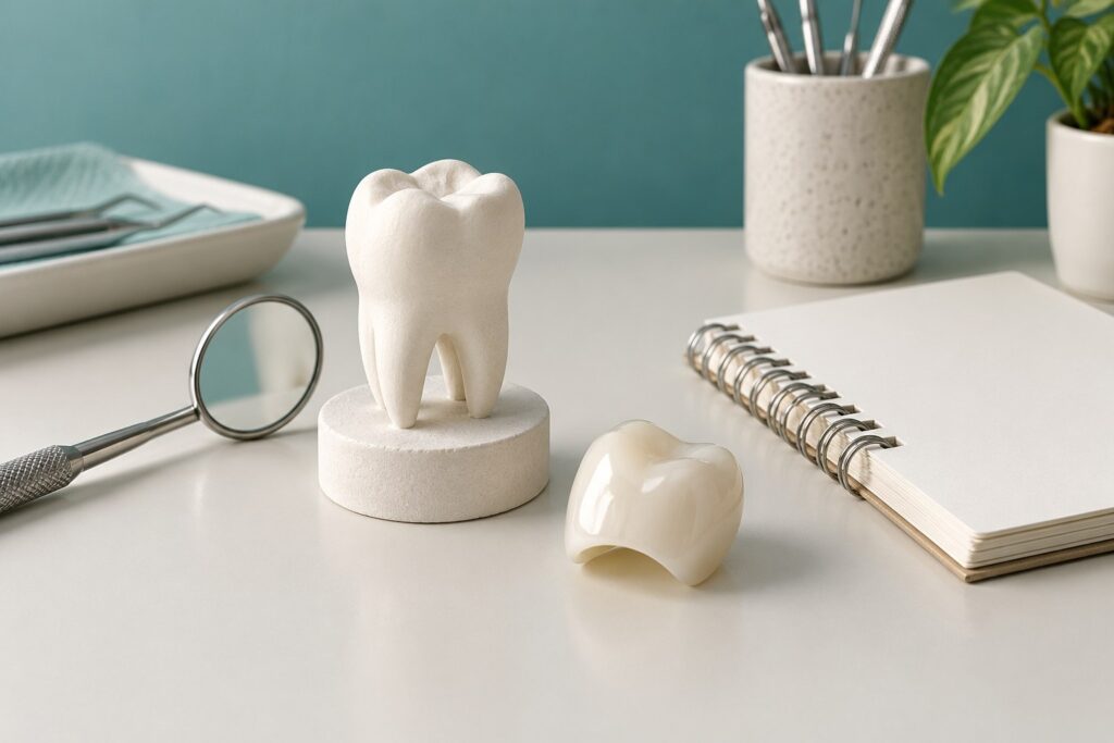Artificial tooth teaching model, separate ceramic crown cap and dental mirror beside a blank notebook