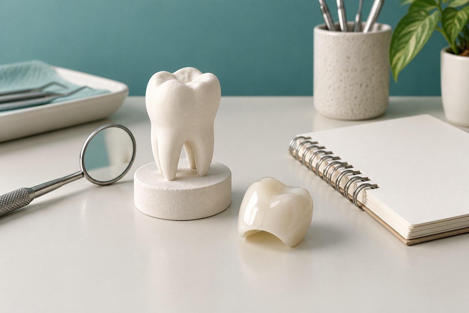 Artificial tooth teaching model, separate ceramic crown cap and dental mirror beside a blank notebook