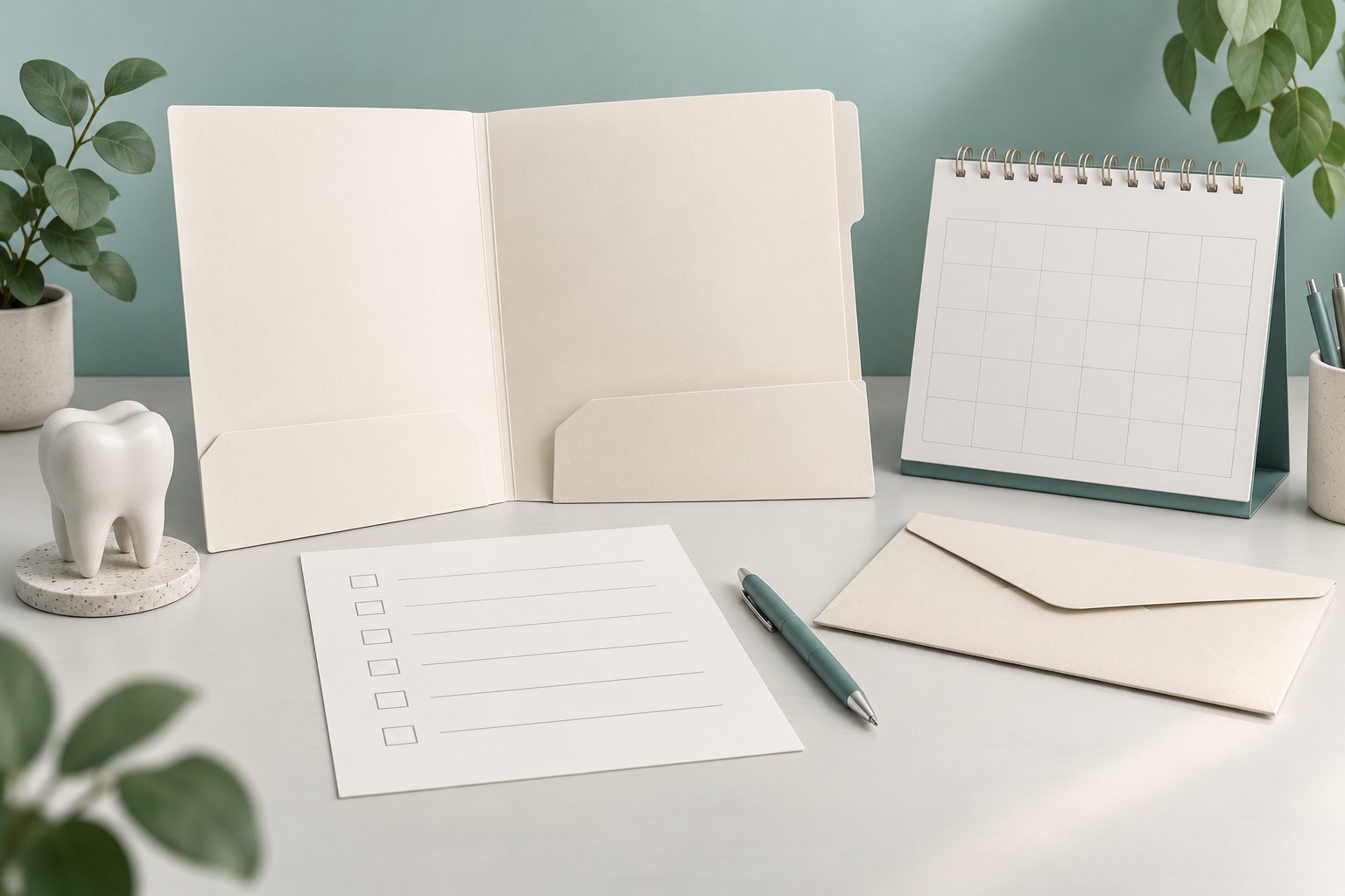 Original illustration of blank records folder, checklist, calendar and document envelope