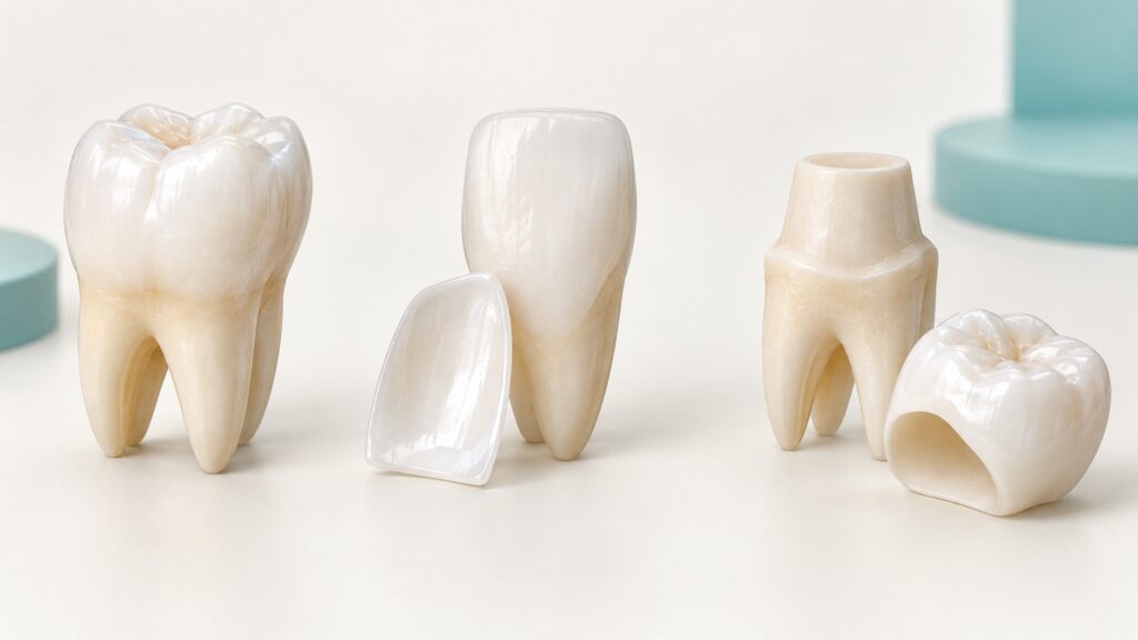 Illustrative dental teaching models showing a natural tooth, a veneer shell and a crown cap