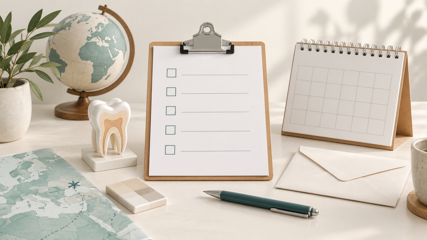 Original conceptual illustration of a checklist, calendar and envelope for organising dental treatment and follow-up