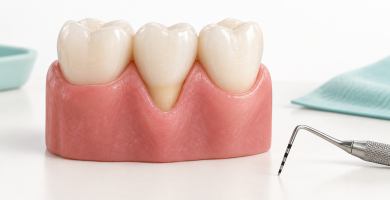 Illustrative dental model showing a lower gum margin around the middle tooth, with a measuring probe beside the model.